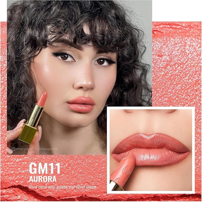 Oulac Matte Coral Lipstick with Glow Metallic Finish - Vegan Lipstick for Women, Creamy Texture, Hydrating Clean Beauty Formula, High-End Magnetic Hook Design, GM11 Aurora