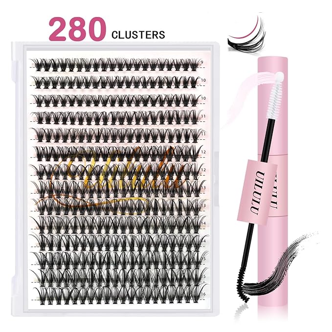 Uilulu Lash Clusters kit 9-16mm DIY Lash Extension Kit 280 30D D Curl Lash Clusters 0.07D Natural Individual Lashes Clusters False Eyelashes Wispy Eye Lash Kits Extensions Kit