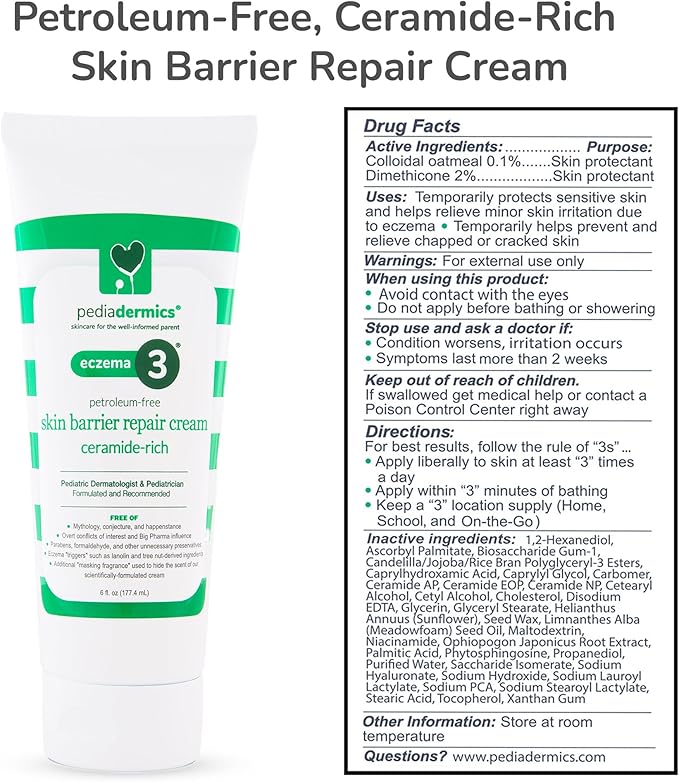 Eczema 3 Ceramide-Rich Skin Barrier Repair Eczema Cream for Kids, Moisturizing, Free of Parabens, Petroleum, Fragrances & Dyes (6 fl oz)