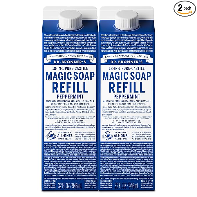 Dr. Bronner's Magic Soap-Pure-Castile Liquid Refill (Peppermint, 32 ounce, 2-Pack) - Regenerative Organic Certified Oils, For Body, Hair, Laundry, Pets & Dishes, Concentrated, Vegan, Non-GMO