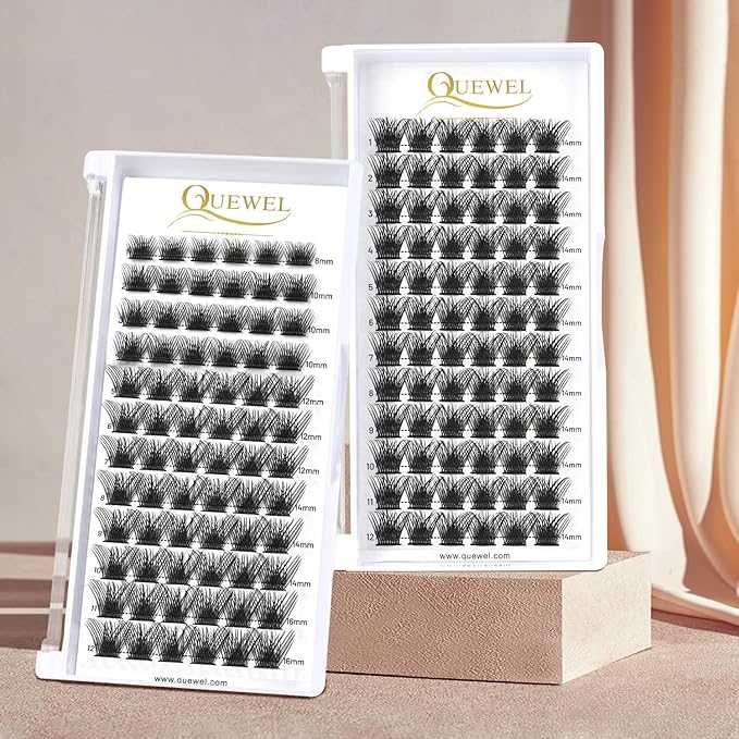 QUEWEL Lash Clusters 72 Pcs Wide Stem Individual Lashes C/D Curl 8-16mm Length DIY Eyelash Extension False Eyelashes Soft for Personal Makeup Use at Home (Fluffy-C-12)