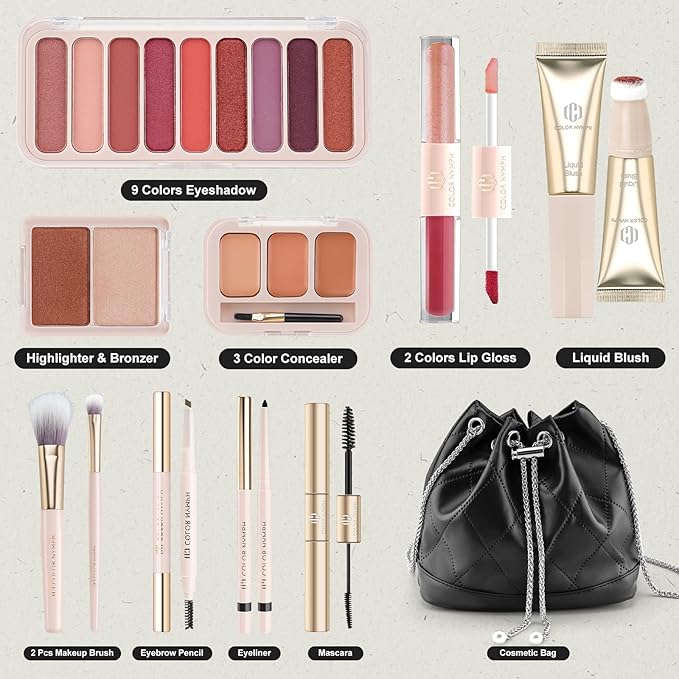 Color Nymph Makeup Sets For Women, Teen Girls With Travel-Friendly Makeup Kits Bag Included 9 Color Eyeshadow Palette Concealer Liquid Blush Eyeliner Lipgloss - #01
