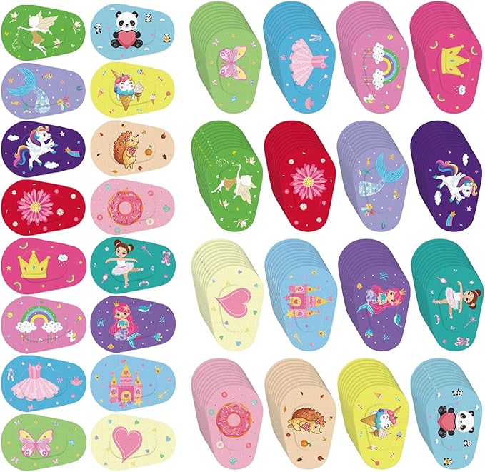 Timgle 160 Pcs Adhesive Eye Patches for Kids Girls 16 Styles Toddler Eye Patches Bulk Latex Free Light Blocking Fun Cute Designs Cotton Adhesive Bandages for Kids Toddler Girls Boys