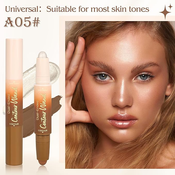 2Pcs Contour Highlighter Stick，2-in-1 Dual-Ended Cream Bronzer & Highlighter Sticks Pen for Face Body Contouring Makeup- Buildable，Waterproof, Easy to Apply Suitable for Beginners(01+05)