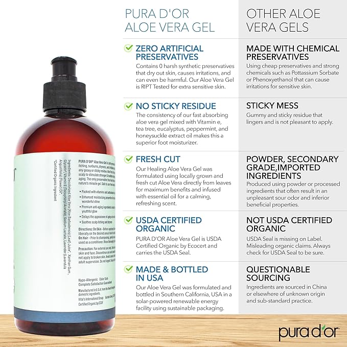 PURA D'OR ORGANIC Aloe Vera Gel Lavender (16 Oz X 2) All Natural - ZERO Artificial Preservatives - Deeply Hydrating & Moisturizing - Sunburn, Bug Bites, Rashes, Small Cuts, Eczema Relief - Skin & Hair