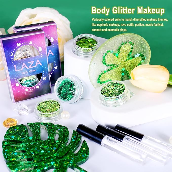 Laza 2 Jars St. Patrick’s Day Body Glitter Iridescent Chunky Sequins with Glitter Glue Women Eyeshadow Makeup Face Paint Festival Rave Outfits Hair Accessories Carnival Party Costumes - Lush Clove