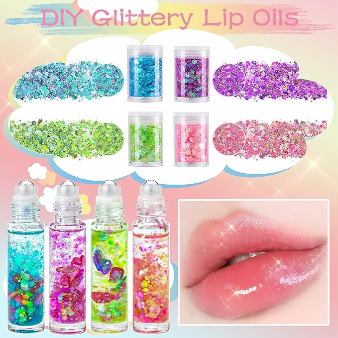 DIY Lip Gloss Making Kit, Lip Oil Maker Kits to Make Your Own Lipglosses with Roller Bottles, Moisturizing Lipstick Supplies Set, All-Inclusive Fun Lip Sticks Craft Kit for Girls Women