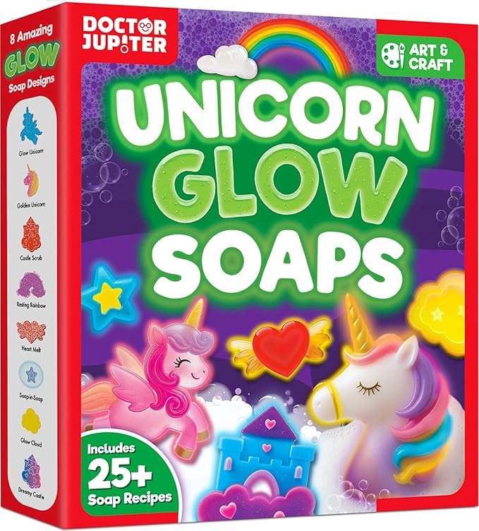 Doctor Jupiter Unicorn Glow Soap Making Kit for Kids, Unicorn Toys for Girls Ages 4-5-6-7-8 | Crafts for Girls, Birthday Gift Ideas for 4+ Year olds | 25+ Soap Recipes