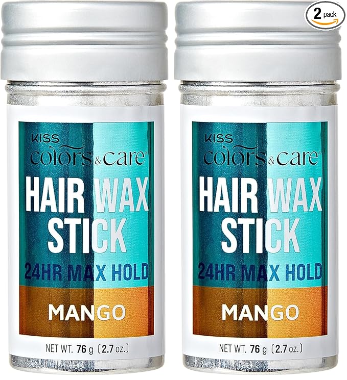 KISS COLORS & CARE 24 Hour Maximum Hold Edge Fixer Hair Wax Styling Stick, Non-Oily, Flake-Free, Biotin B7, Castor Oil, & Shea Butter Infused, Net Wt, 76g (2.7 oz.) - Mango Scent (Pack of 2)
