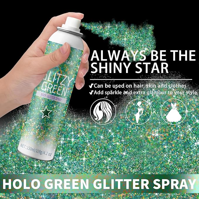 Hair Glitter Body Glitter Spray, 150ML Glitter Hairspray Holographic Green Glitter Spray for Hair and Body, Hair Glitter for Kids Women, Body Shimmer Festival Makeup 4.2 Fl Oz