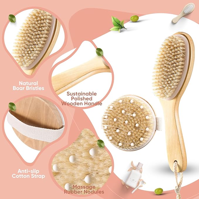 Lineshading 4 Pcs Dry Brushing Body Brush for Lymphatic Drainage Vegan Dry Brush with Wood Therapy Massage Lymphatic Drainage Tool Gua Sha Anti Cellulite Body Sculpting Sensitive Skin Exfoliation…