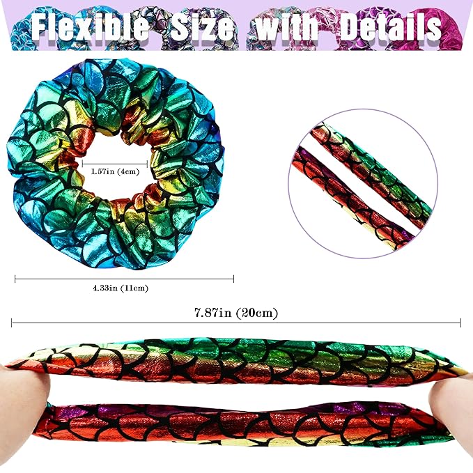 12 Pcs Scrunchies for Women, Shiny Metallic Scrunchies for Girls, Soft Elastic Hair Bands for Ponytail Holder, Fasion Scales Hair Tie Ropes for Teens Party Favorts(Mermaid Scales)