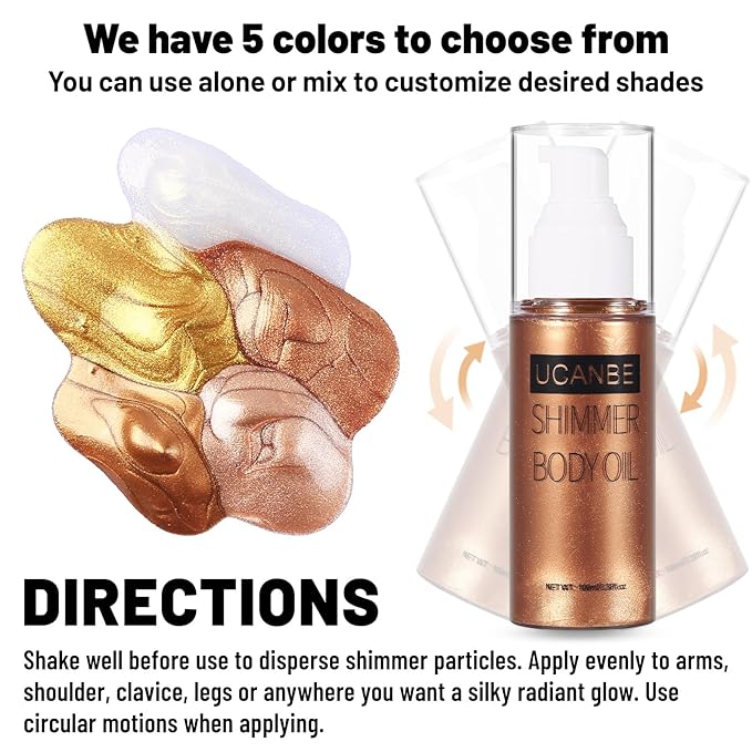 UCANBE Body Shimmer Oil 100ml, Moisturizing Body Glow Glitter Oil, Waterproof Shimmering Luminizer Liquid Illuminator Highlighter, Tinted Shimmer Lotion Glowing Bronzer Makeup(Golden Brown)