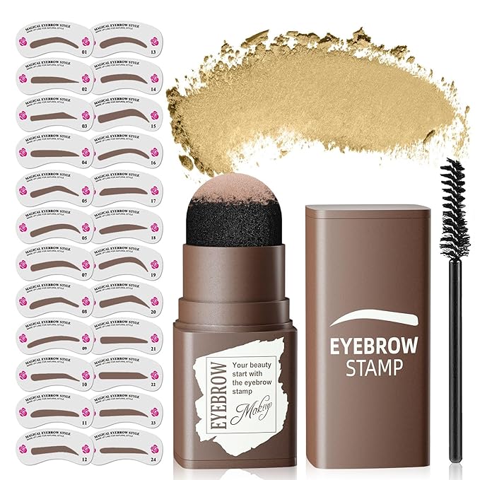 Eyebrow Stamp Stencil Kit - Long-Lasting Eyebrow Powder with Brush, Waterproof & Smudge-Proof Brow Shaping Kit with 24 Reusable Thin & Thick Eyebrow Stencils for Voluminous Brow (Blonde)