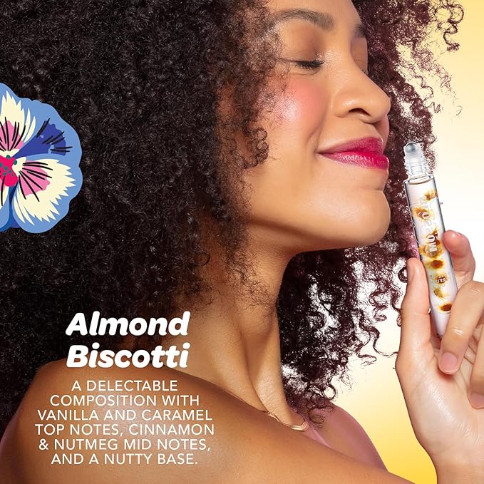 Blossom Roll on Perfume for Women Alcohol Free Gourmand Rollerball Perfume Oil with Essential Oils, Infused with Real Flowers, Made in USA, 0.20oz, (Vanilla, Caramel, Nutmeg) Almond Biscotti