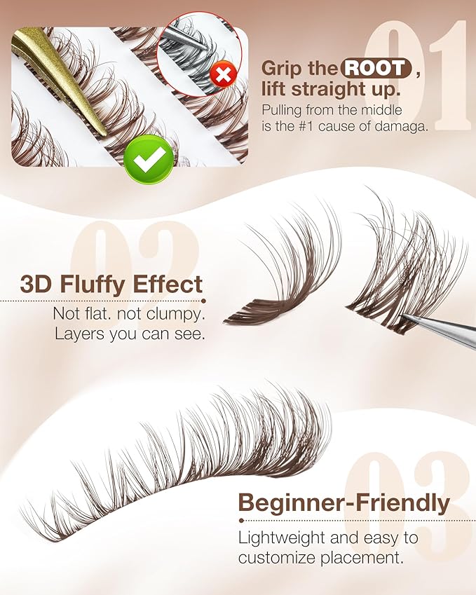 Spider Lash Clusters Brown Eyelash Clusters Wispy Cluster Eyelash Extensions 10-16MM Airy Fluffy Individual Lash Extensions Easy Application with CC Curl & Clear Band for Soft Glam Natural Makeup