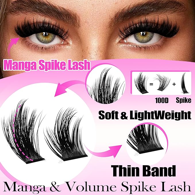 YIDUO Spikes Lash Clusters Kit 406Pcs Volume Manga Cluster Eyelash Extensions Kit 10-18mm Wispy Lashes Clusters wide band Anime Individual Lash Cluster with Lash Glue Easy to Use for Beginners