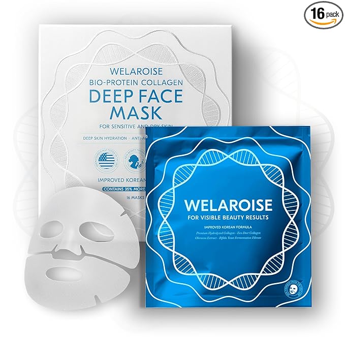 Welaroise Bio Protein Collagen Hydrogel Deep Face Mask +35% More Collagen, Intense Hydration & Moisturization, Firming, Anti-Aging, Skin Renewal, Korean Skincare (Pack of 16)