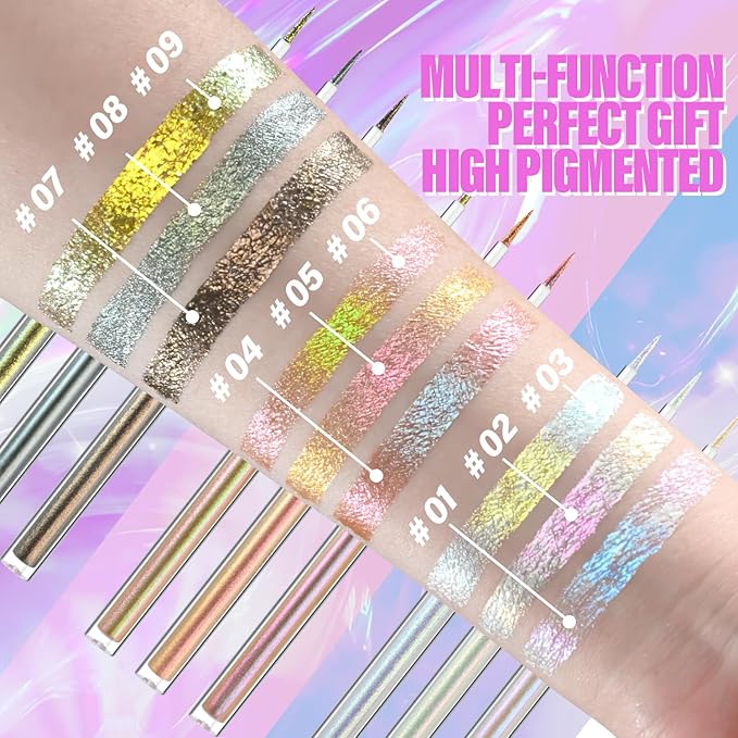 3PCS Multichrome Liquid Eyeshadow Set,Multi-Dimensional Fairy Makeup,High Pigment Waterproof Aurora Eye Shadow,Ultre Fine Tip Glitter Eyeliner (01 Aurora+02 Twilight+03 Moonbow)