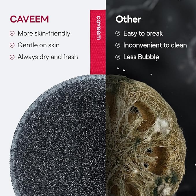 Caveem Round Exfoliating Body Scrubber, Shower Exfoliator Sponge, Body Scrub for Removing Dead Skin, Bath and Body Buffer, Round Exfoliating Sponge for Shower - 2 Pack (Dark Grey)