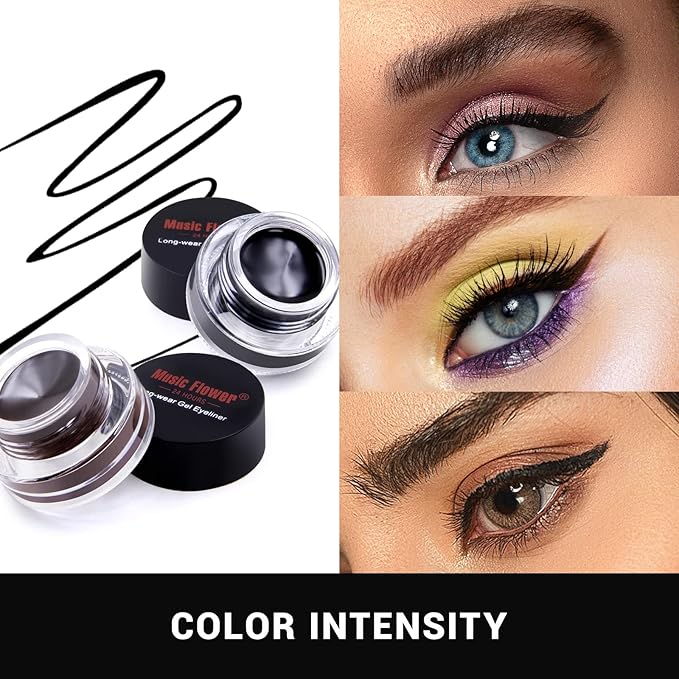 Music Flower Gel Eyeliner, Black and Brown Eyeliner Waterproof Long Lasting Smudge Proof Gel Liner with 2 Brushes, Easy to Apply Eye Makeup 3 g, Pack of 2