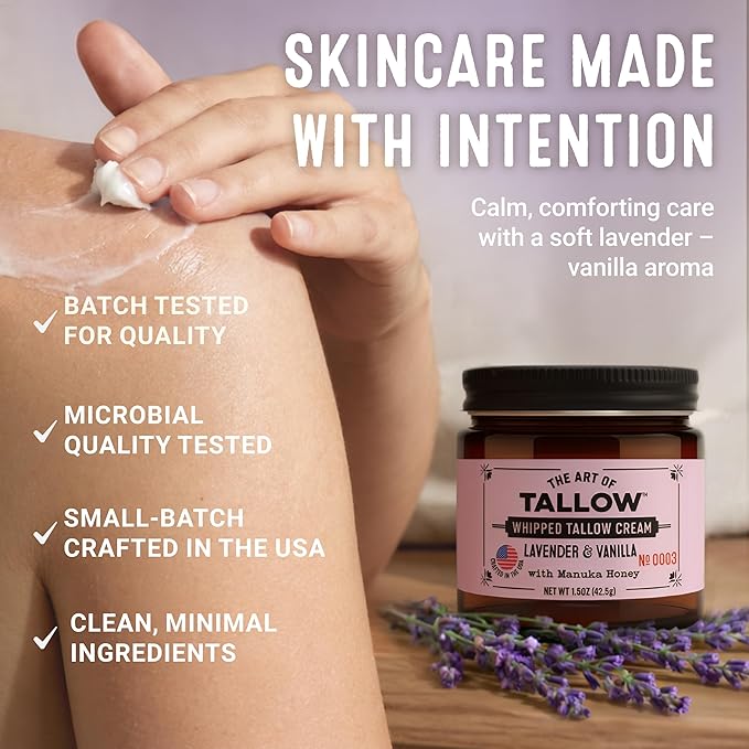 Tallow Face Moisturizer – Lavender Vanilla Beef Tallow for Skin, Whipped Tallow Cream with Manuka Honey & Organic Jojoba Oil, Face Cream, Grass Fed & Finished, Made in USA, 1.5 oz