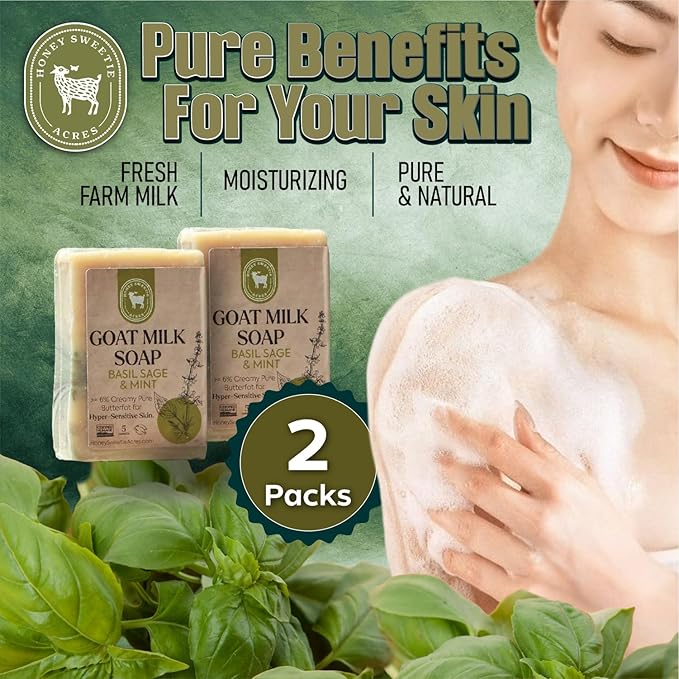 Honey Sweetie Acres 2-Pack Basil, Sage & Mint Goat Milk Soap - Handmade 5 oz Bar, Made with Natural Ingredients, Moisturizing & Gentle, Made in the USA