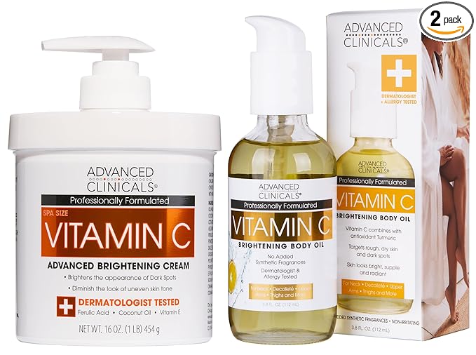 Advanced Clinicals Brightening Vitamin C Cream Moisturizer + Vitamin C Body Oil 2pc Skincare Set | Nourishing, Brightening, & Hydrating Body Oil & Body Lotion To Improve Appearance Of Dark Spots, 2pc