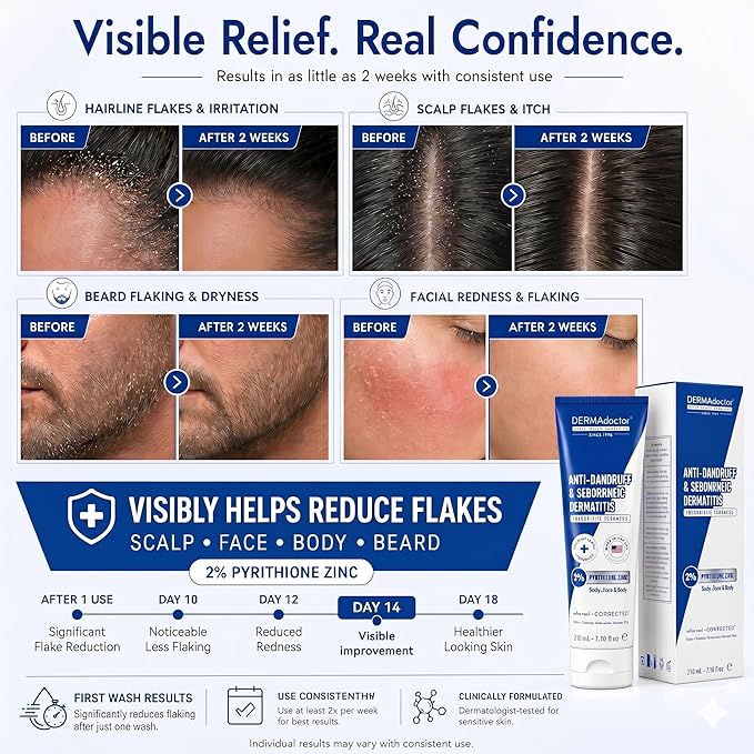 DERMAdoctor 2% Pyrithione Zinc Anti-Dandruff Shampoo & Multi-Use Liquid Face Wash for Seborrheic Dermatitis, Itchy Flaky Scalp, Beard & Body, Fragrance-Free Sulfate-Free Sensitive Skin, 7.1 fl oz