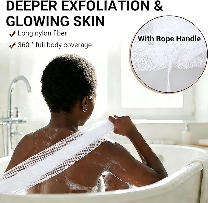 African Net Sponge Authentic for Exfoliating - Extra Knots for Deep Cleansing & Back Scrubbing - Body Scrubber Washcloth for Women & Men - Daily Shower Exfoliator for Smooth, Glowing Skin(White)