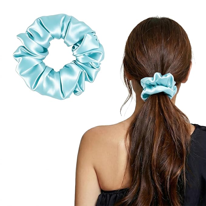 ZLYC 100% Mulberry Silk Scrunchie 19 Momme Gentle Creaseless Hair Tie for Women Dent-Free Ponytail Holder, 3.5cm Solid Light Blue