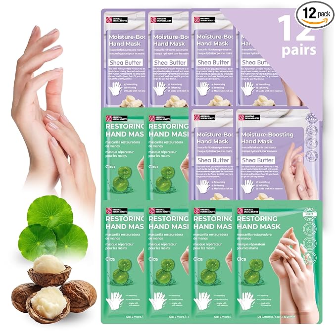 Innerest 12 PK Original Derma Beauty Hand Mask Bulk Moisturizing Korean Hand Gloves for Dry Hands Nail Care Essential, Deep Hydration Self Care Gift for Women (Shea Butter + Cica)