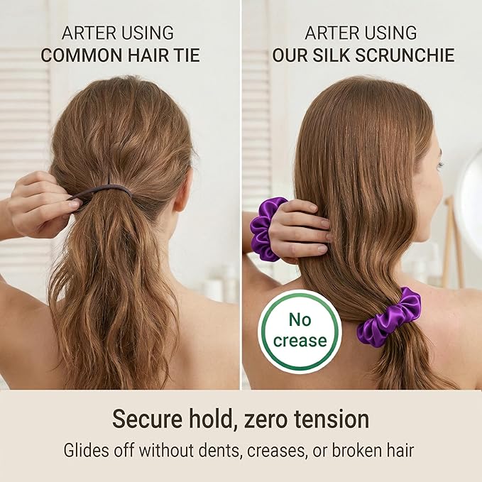 ZLYC 100% Mulberry Silk Scrunchie 19 Momme Gentle Creaseless Hair Tie for Women Dent-Free Ponytail Holder, 3.5cm Solid Purple