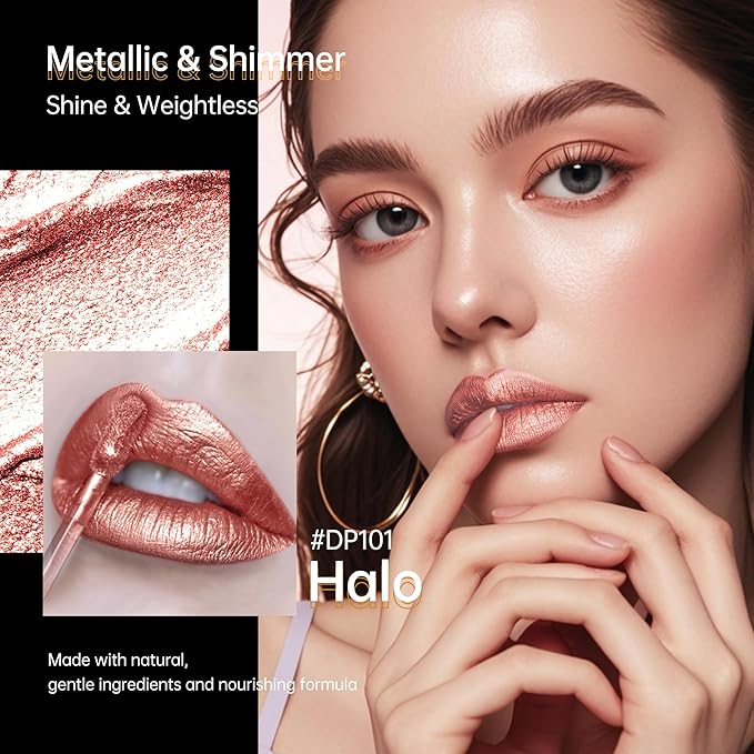 Depuplum Nude Lipsticks for Women Metallic Lipstick Long Lasting Shimmer Lip Gloss Metal Shine Glitter Waterproof Lipsticks Full Coverage Lip Color for Mother's Day,DP101 Halo