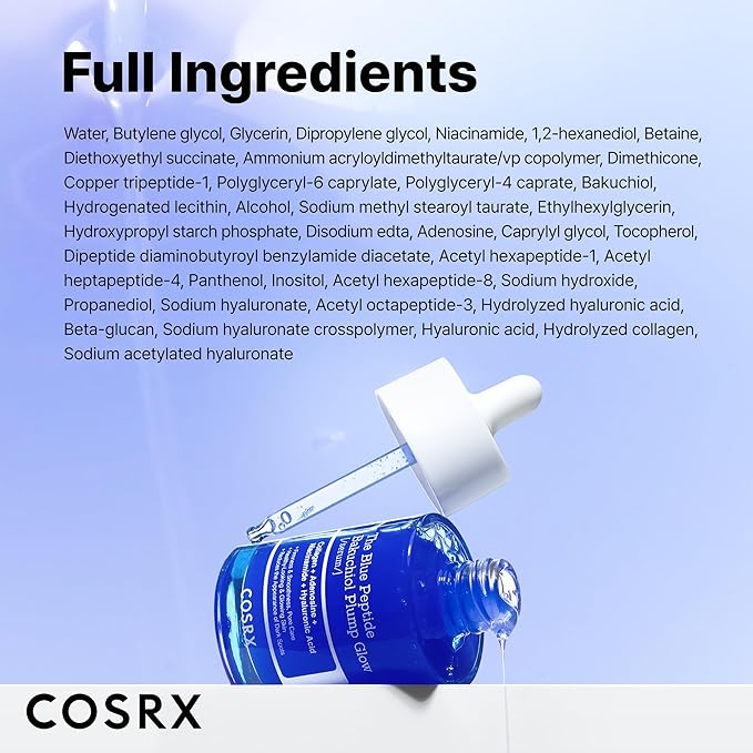 COSRX The Blue Peptide Bakuchiol Plump Glow Serum, Korean Peptide Plumping Serum for Face, GHK-Cu Copper Peptides with Bakuchiol, Anti-aging & Skin Firming Care, Korean Skin Care, 1.69 Fl Oz