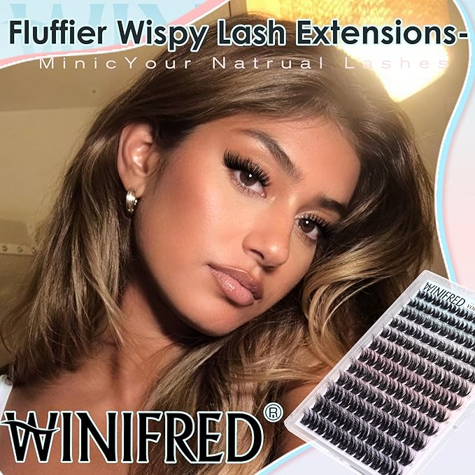 Winifred Natural Fluffy Lash Clusters 3D Wispy Cluster Eyelash Extensions Medium Volume Lashes DIY Eyelash Clusters 10-16mm Wide Band Lash Extensions Lightweight Hyrid Faux Mink Individual Lashes