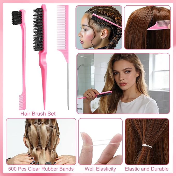 4 Pcs Boar Bristle Slick Back Hair Brush Comb with Hair Wax Stick and 500 Elastic Hairs Bands for Women Men Sectioning, Parting