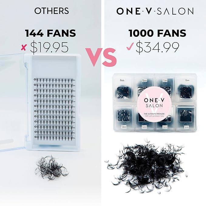 One V Salon, 1000 Loose Professional Use Premade Fans Eyelash Extensions, D Curl Volume Lashes,10D 20D 14D-0.05 Thickness, 9-16mm Fluffy Handmade Fan Mixed Tray