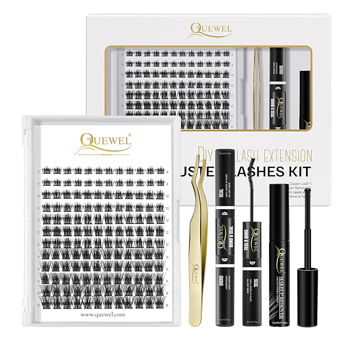 QUEWEL Lash-Clusters-Kit 144 Pcs DIY Lash Extension Kit, Eyelash Clusters Applicator Tool, Super Hold Cluster Lashes Bond and Seal, Clusters Eyelash Glue Remover Easy to Use at Home(Fluffy)