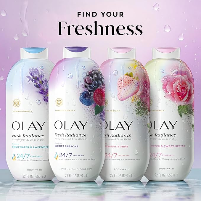 Olay Body Wash for Women, Fresh Radiance, 24/7 Skin-Loving Freshness, Visibly Radiant, Plant Based Cleansers, Vitamin B3 & Antioxidant Blend, For All Skin Types, Berries Frescas Scent, 22 fl oz