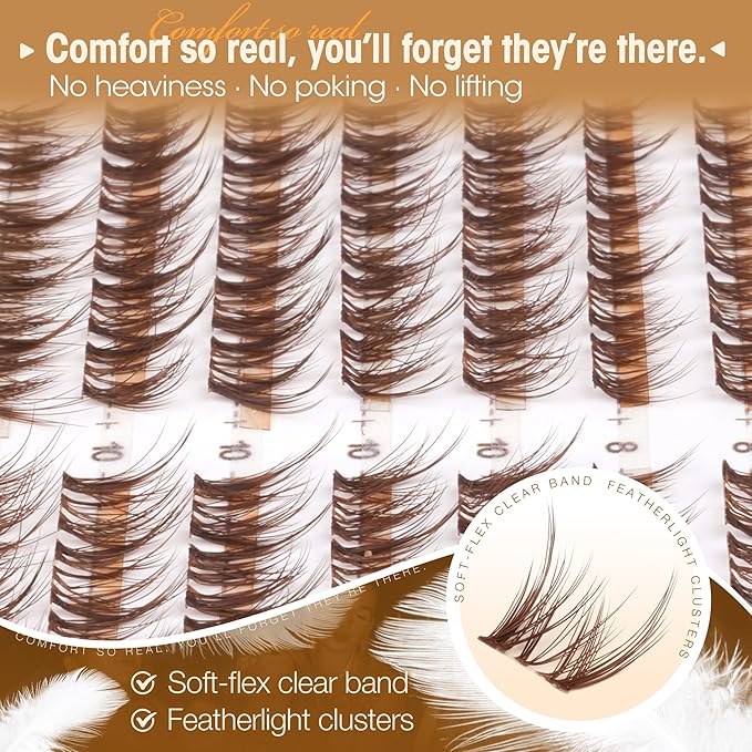 Brown Lash Clusters 8-10MM Short Natural Individual Eyelashes Wispy Fluffy Spider Cluster Eyelash Extensions with C-Curly & Ultra-Fine Clear Band, Featherlight, "Less is More", Glasses-Friendly