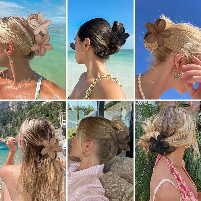 CHANDAT Flower Hair Clips 6 PCS Hawaiian Claw Clips for Vacation Hibiscus Hair Claw Cute Large Hair Clips for Thick and Thin Hair Plumeria Hair Accessories for Women Girls -Coffee