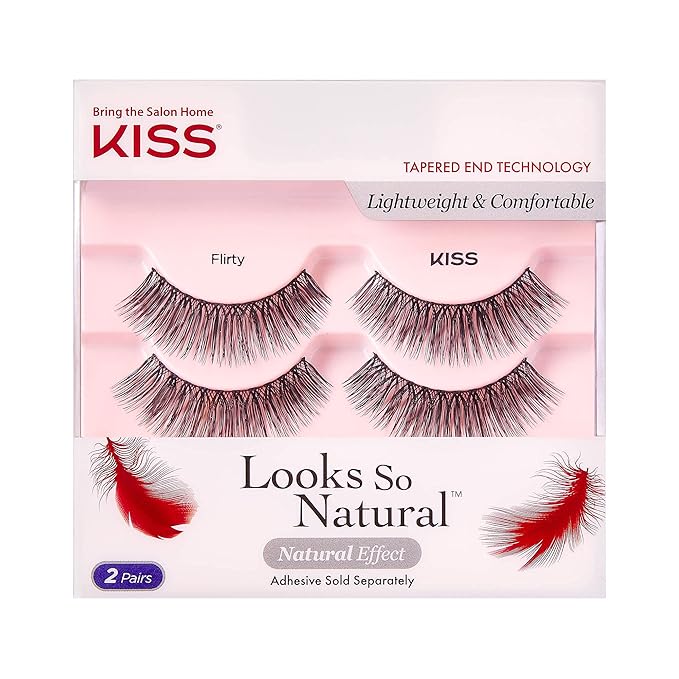 KISS Looks So Natural False Eyelashes Double Pack, Lightweight & Comfortable, Tapered End Technology, Reusable, Cruelty-Free, Contact Lens Friendly, Style 'Flir', 4 Count (Pack of 1) Fake Eyelashes
