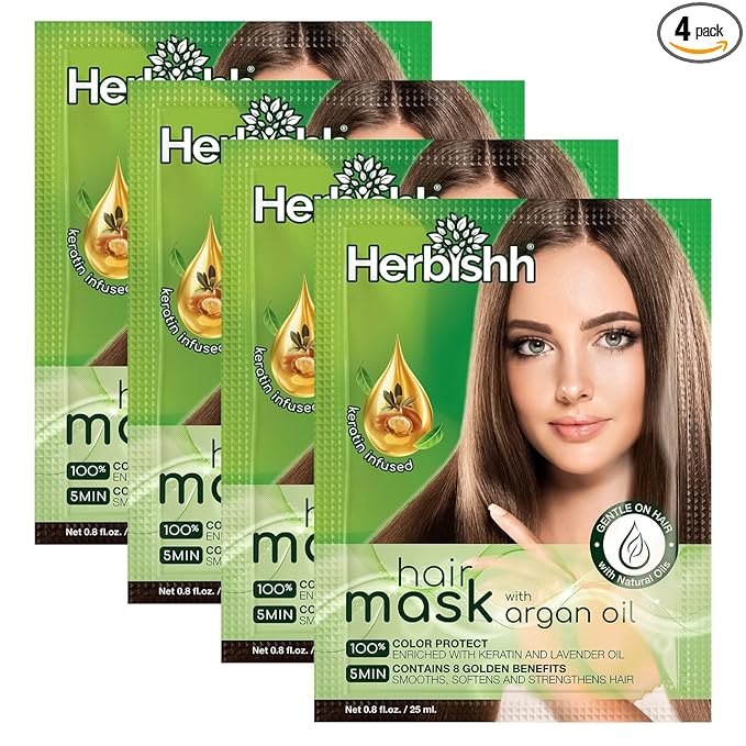 Herbishh Argan Hair Mask-Deep Conditioning & Hydration For Healthier Looking Hair-25 ml for very Dry, Weak, Stressed Out Hair, No Sulphates, No Parabens (Pack of 4)