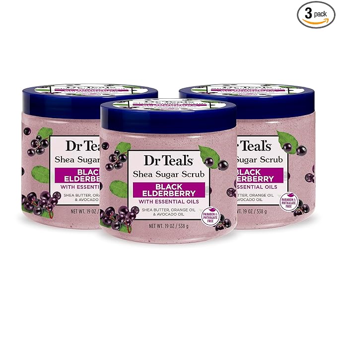 Dr Teal's Shea Sugar Body Scrub, Black Elderberry with Essential Oils, 19 oz (Pack of 3)