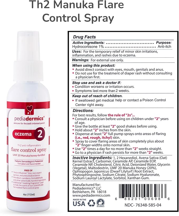 Eczema 2 Th2 Manuka Flare Control Spray, Eczema Treatment for Kids for Fast Itch Relief, Fortified with UMF 20 Manuka Honey and Hydrocortisone 1% (4 oz)