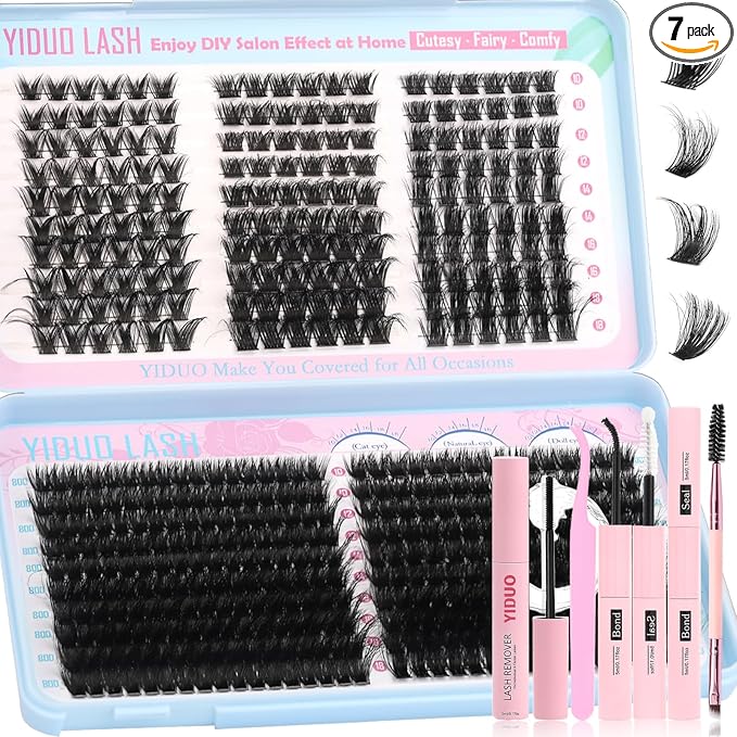 YIDUO 5 Styles Eyelash Clusters Kit 80D 100D Volume Wispy Individuals lash Extensions Kit, Volume Studio Effect, Fake Eyelashes 500Pcs All-in-1 Pack with Glue |Tweezers |Removers |Brush