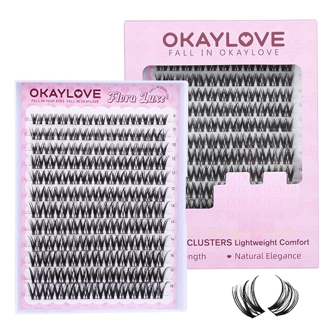 OKAYLOVE Natural Lash Clusters, Flora Luxe 8-18mm DIY Wispy Cluster Eyelash Extensions Kit, 132pcs Clear Band Individual Lashes