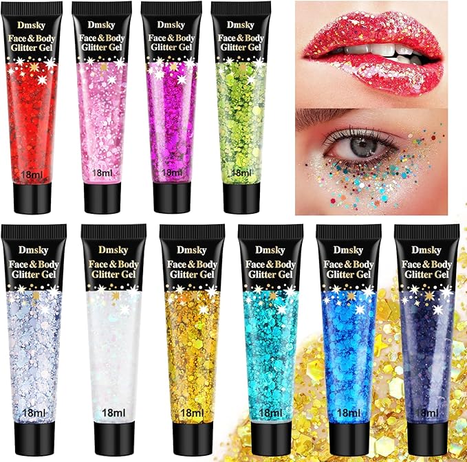 10 Colors Body Glitter,Face Glitter Makeup for Kids Women,Sparkly Chunky Hair Glitter for Eye Lip Hair Nails,Mardi Gras Glitter Makeup Face Paint,Singer Concerts Disco Rave Festival Accessories