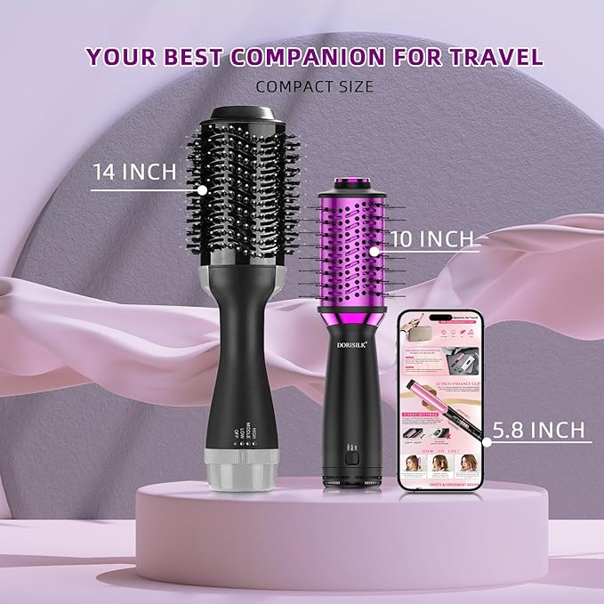 DORISILK Small Dual Voltage Blow Dryer Brush,4 in 1 Blow Dryer Brush for Drying Straightening Curling Volumizing，Travel Hot Air Styler with 2 Inch Oval Barrel